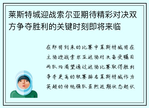 莱斯特城迎战索尔亚期待精彩对决双方争夺胜利的关键时刻即将来临